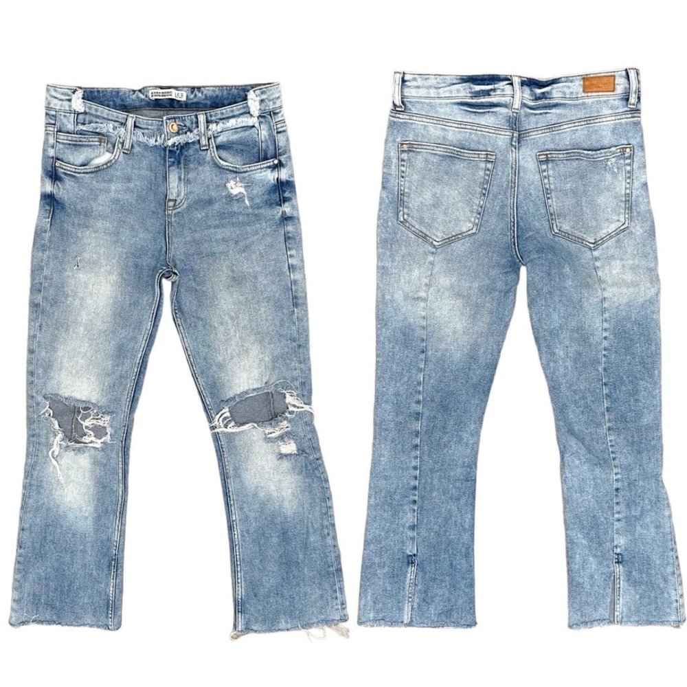 Zara Basic Z1975 Mid-Rise Distressed Kick Flare Ankle Slit Light Wash Jeans Sz 4